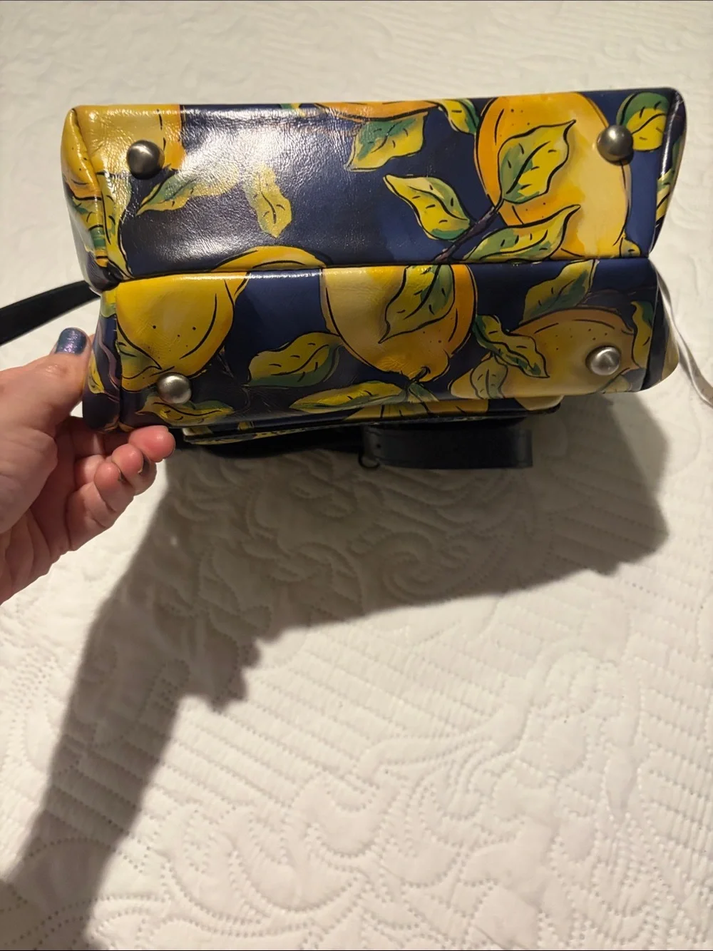 Patricia Nash Navy and Yellow Lemon Print Crossbody Bag - Picture 6 of 6